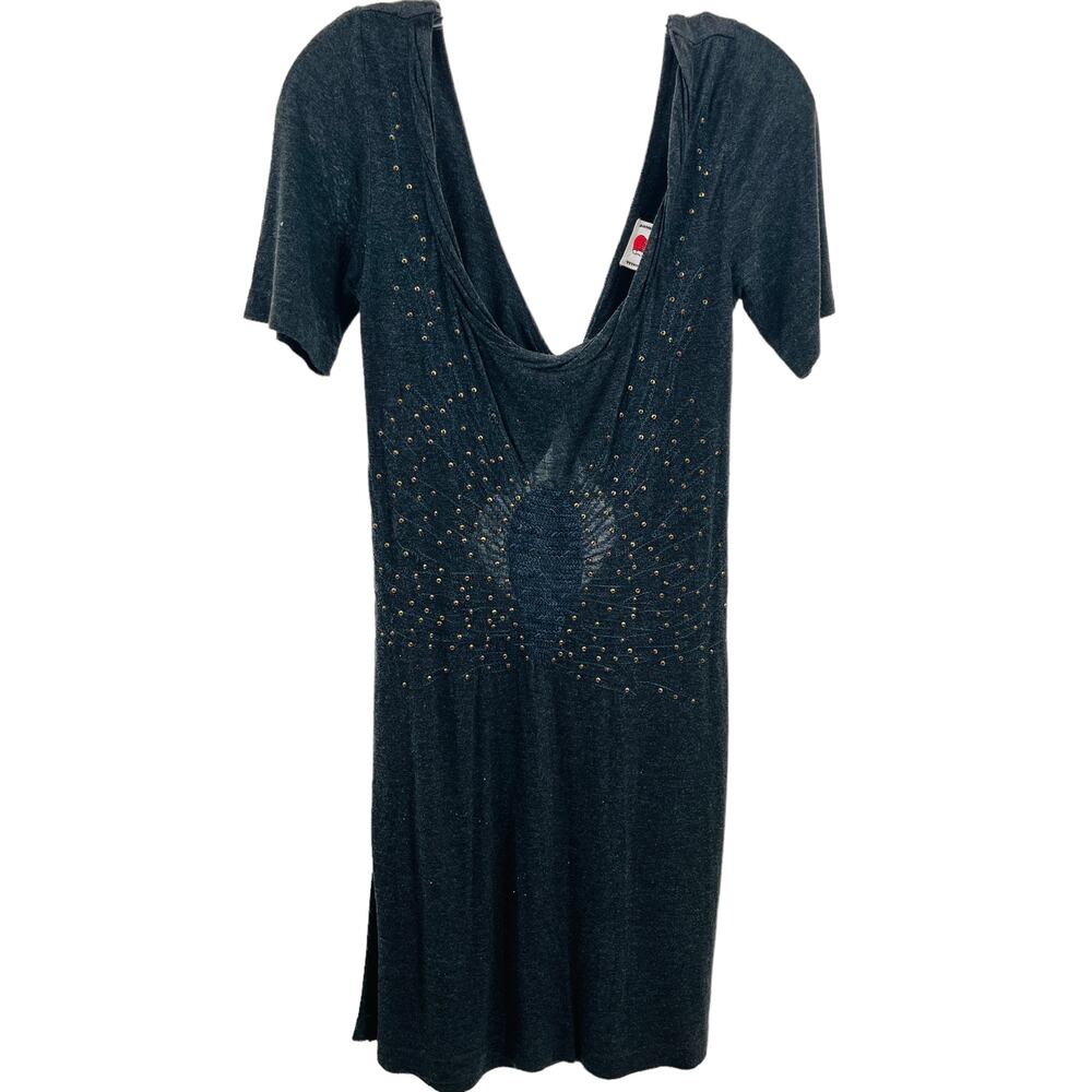 Free People Dark Gray V-Neck Knit Studs Short Sleeve Boho Shift Dress Women - Picture 2 of 10